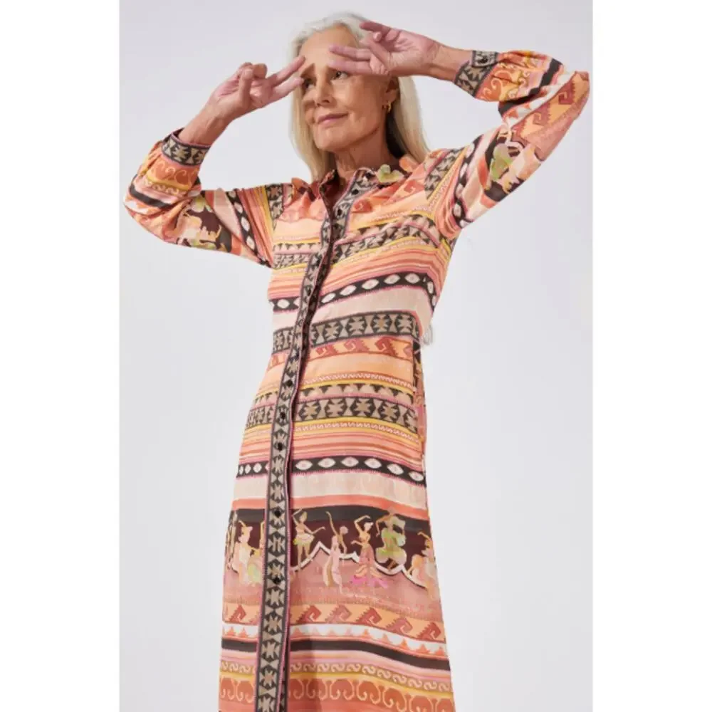 Peach Multi Printed Maxi Shirt Dress - Picture 4 of 16